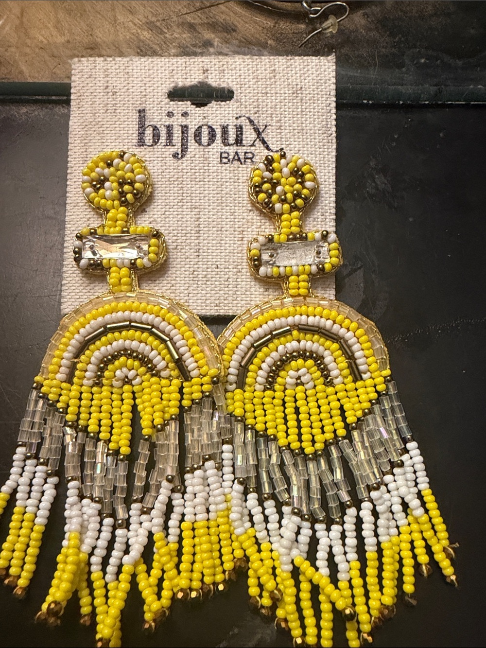 ONE/SIZE Yellow and White Beaded Fringe Earrings